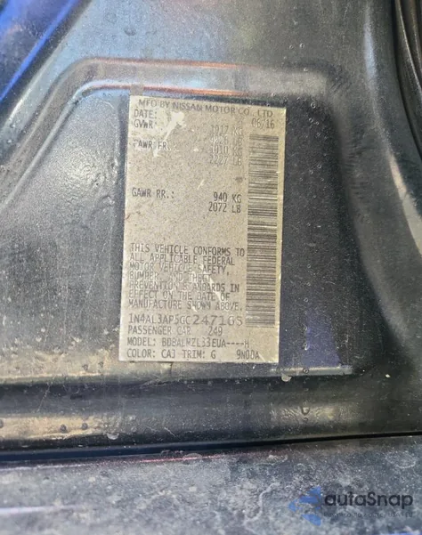 2016 Nissan Altima 2.5 z USA, uszkodzony, nr VIN 1N4AL3AP5GC247165